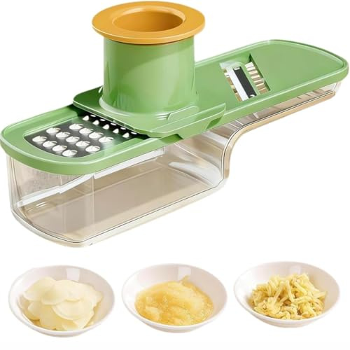 New Mini Garlic Slicer: 3 in 1 Multi-Functional Mandoline Slicer, Garlic Ginger Grinder & Veggie Shredder with Container and Hand Guard