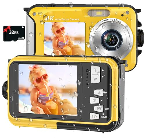 4K Digital Camera 16FT Underwater Camera with 32GB Card 64MP Autofocus Dual-Screen Selfie Waterproof Camera for Snorkeling Compact Floatable Point and Shoot Digital Camera 1250mAh Battery