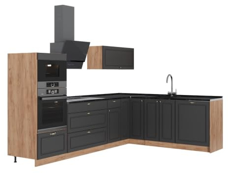 Vicco Hörnkök Fame-Line, Herrgård i antracitguld/Goldkraft ek, 287 x 207 cm, AP Antracit, för individuell expansion med kompatibla moduler