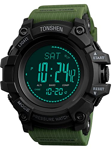 TONSHEN Herrenuhr Outdoor Sport Militär Digital Kompass Uhren Multifunktional Höhenmesser Thermometer Schrittzähler LED Double Zeit Plastik Armbanduhr (Grün)