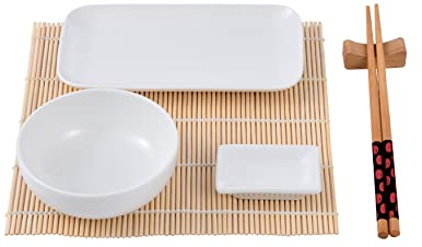MasterPro Foodies | Set Sushi 12 pièces | Inclut des bols à sauce, des assiettes, des baguettes et une nappe | Porcelaine, bambou, bois | Kit à sushi | Idéal pour déguster des plats typiques japonais