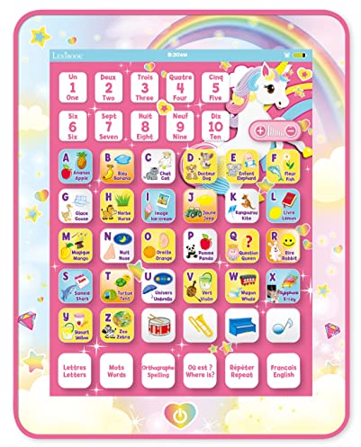 LEXIBOOK, Unicorn, Educational Bilingual Interactive Learning Tablet, Toy to learn alphabet letters numbers words spelling and music, English/Polish, Pink, JCPAD002UNIi17