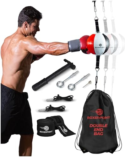 Boxerpoint Double End Boxing Bag - Small 7x7 in Red/White/Black - Birthday Gift Speed Training with Speed Punching Bag Platform & Boxing Reflex Ball - Training Station for Adults - Gym Equipment