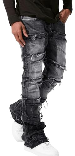 Jean pour Hommes Pantalon Straight Fit Jeans Patchwork Couleur Bloc Denim Pantalon Casual Bloc Patch Pantalon Denim (as4, Alpha, s, Regular, Regular, Noir)