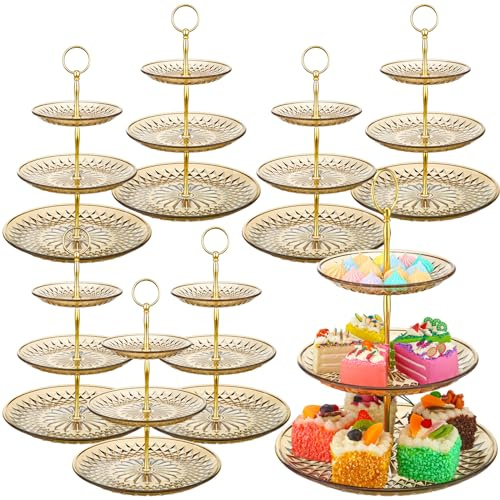 Patelai 8 Packs 3 Tier Crystal Acrylic Clear Cake Stand with Gold Round Holder Acrylic Cupcake Stand Holder for Home Wedding Holiday Birthday Baby Shower Tea Party (Clear Amber)