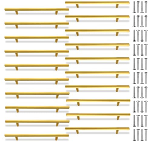 AHAQU 20PCS Gold Cabinet Handles, 200mm (128mm Hole Center) Stainless Steel Kitchen Cupboard Handles, T Bar Wardrobe Handles Drawer Pulls for Furniture