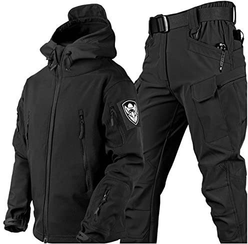 SHAIRMB Taktische Jacke für Herren und Kampfhosen Satz, Militärische Taktik Kampfuniform, Wasserdicht Softshell-Jacke Hose, Jagd ACU-Militäruniform, Kleidung jagen,Schwarz,M