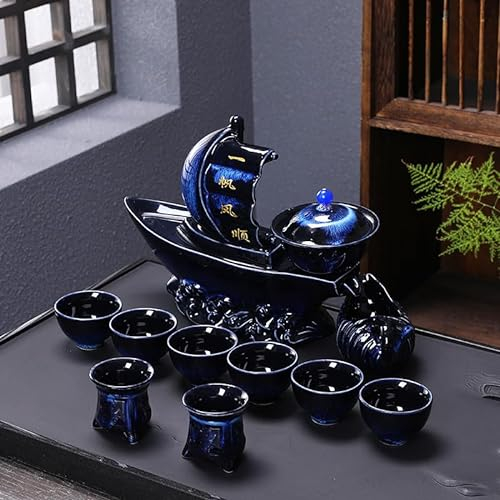 fanquare Juego de Té Semiautomático Taza de Té Tetera China Kungfu Perezosa de Velero Azul 11 Piezas Servicio de Té de Porcelana para Adultos