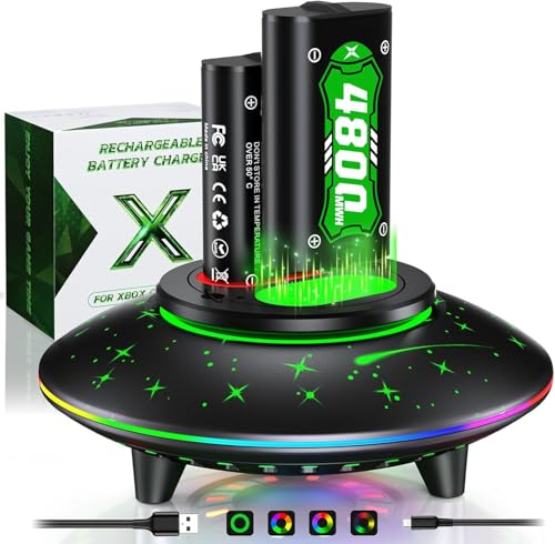 Batería para Xbox One/Xbox Series X/S, 6 Modos LED RGB Estación,2 * 4800mWh Batería Recargable para Xbox Series X/S/Xbox One/One S/One X/One Elite (RGB LED Modos)