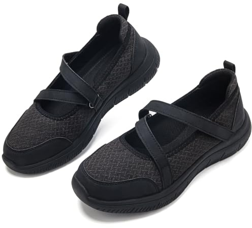 Womens Mary Jane Shoes Comfort Memory Foam Arch Support Orthopedic Shoes Ladies Trainers Casual Lightweight Hook and Loop Flats All Black UK 5.5