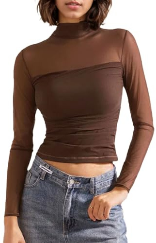 EMOTTOS Mujeres Patchwork Sheer Malla Crop Tops, Sexy Ruched Encaje Top Cuello de Tortuga Camisetas, Slim Fit Top Salir de Fiesta Clubbing Camiseta Transparente para Niñas, Marrón, M