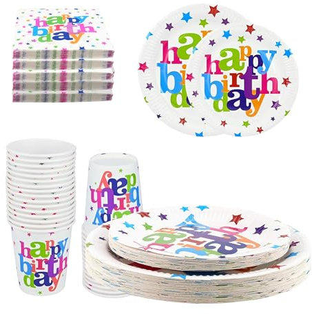 LoNinLoAn 80 Stück Bunte Partygeschirr Set, Kindergeburtstag Geschirr Set, Partyset, Party Pappteller, Geburstag Pappteller, Becher, Servietten, Geburtstag Party Deko für 20 Gäste