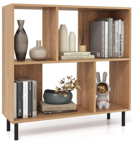 COSTWAY Bücherregal mit 4 Fächern, Standregal mit 2 Ebenen, Würfelregal, Büroregal, Aufbewahrungregal für Wohnzimmer, Schlafzimmer, Arbeitszimmer, Büro, 90 x 30 x 90 cm (Natur)