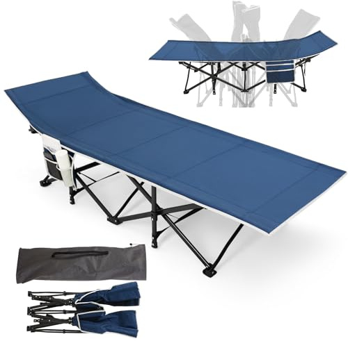 Warmiehomy Outdoor Single Camp Beds for Adults with Side Pocket, Lightweight Portable Tent Cot with Carry Bag, 600Lbs Load Capacity, Oversized Folding Sleeping Beds for Travel, Fishing, Hiking, Navy