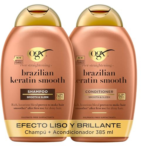 OGX Set Ever Straightening + Brazilian Keratin Smooth Shampoo y Conditioner, set de champú y acondicionador alisador con keratina, sin sulfatos, para pelo rizado, 2x385 ml