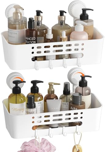 Lifewit Panier de Douche à Ventouses Murale, 31 cm Etagere Douche sans Percage, Rangement Salle de Bain Amovible en Plastique pour les Gel Shampooing, Gel Nettoyant pour le Visage, Blanc, 2 Paquets