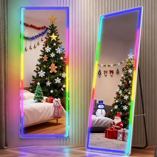 LVSOMT Specchio da parete RGB per tutto il corpo con illuminazione, 153 x 50 cm, senza cornice, grande per camera da letto, soggiorno, 7 modalità dinamiche e 7 colori di luce, bianco