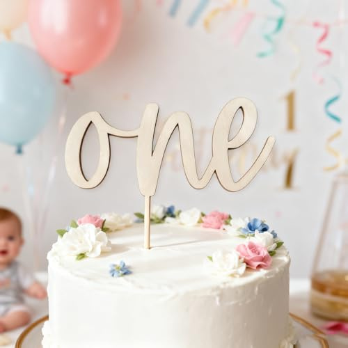 One Wooden Cake Topper - First Birthday Party Decoration, One Sign 1st Birthday Cake Decoration Supplies, 1 Years Old Cake Decoration Props for Boy Girl (ONE)
