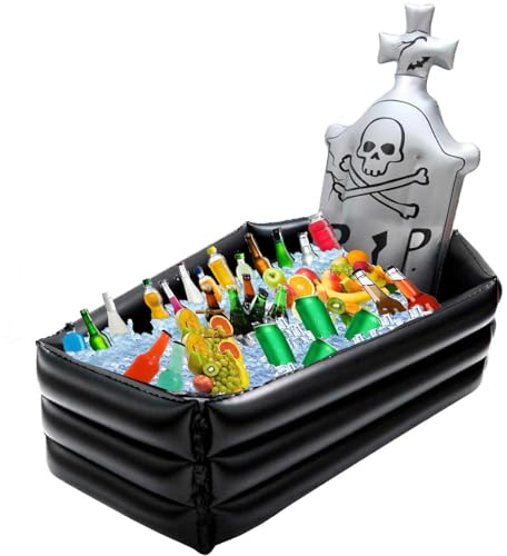 44Inch Inflatable Coffin Cooler Ice Chest Buffet Coffin Tombstone Ice Bucket for Drinks 100+ Cans Large Capacity Drink Beverage for Halloween Party Spooky Decor Picnic Barbecue Party(Tombstone Cooler)