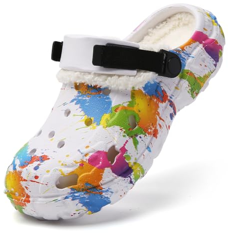 XJITIGER Zoccoli invernali da uomo con fodera calda - Pantofole foderate in stile Geta, con fodera interna rimovibile, antiscivolo, per interni ed esterni, misure 35-47, bianco, 42 EU