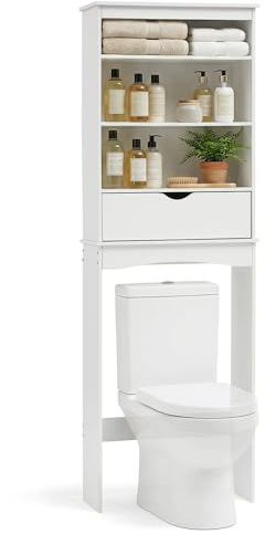 MAXLEAD White Over Toilet Storage Cabinet, Freestanding Tall Bathroom Cupboard Unit with 3 Open Shelves & Drawer