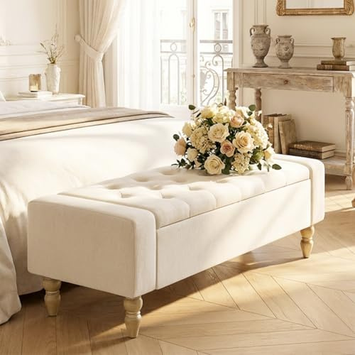 Furnistyle 47 Inch Large Storage Ottoman Bench, Upholstered End of Bed Bench with Removable Lid, Diamond Tufted Seat, Wood Legs, Hidden Storage Organizer for Bedroom, Living Room, Entryway,Light Beige