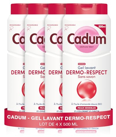 Cadum Maison Peaux Sensibles, Gel Lavant Dermo-Respect Sans Savon, Huile d'Amande Douce Bio, pH Neutre, Famille dès 3 ans, Lot de 4 x 500ml