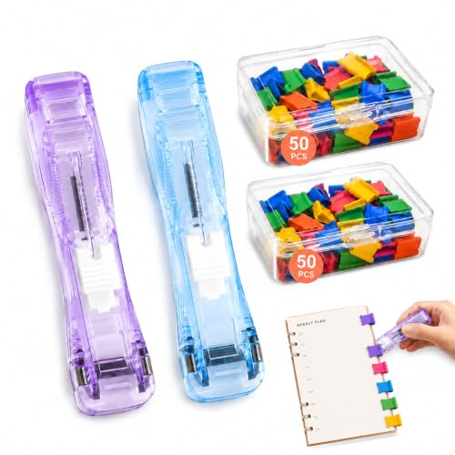 4 PCS Staple Free Clip Binder Set, Practical Office Supplies, 2 Boxes of Colorful Clips (50pcs Each) & 2 Push - type Binders (Violet & Blue), Ideal for Office Workers, Home Organizers
