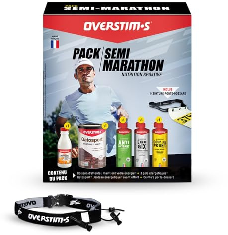 Overstim.s - Pack Nutrition Semi-Marathon avec Ceinture Porte-dossard - Petit déjeuner avant effort JOUR J - Boisson Attente DEPART - 3 gels + 1 Ceinture Porte-dossard