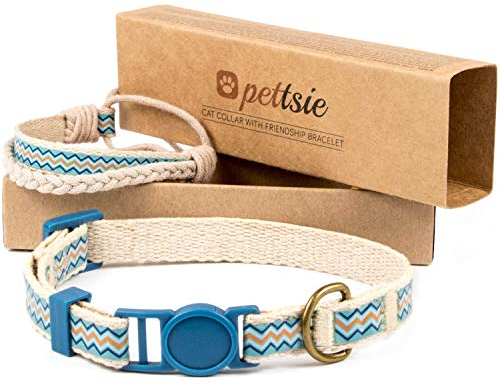Pettsie Katzenhalsband mit Sicherheitsverschluss und Freundschaftsarmband für Sie, Starke Baumwolle, D-Ring für Zubehör, einstellbare Größe 19-29 cm, Blau