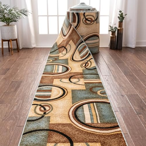 Well Woven Custom Size Hallway Stair Runner- Choose Length - Deco Rings Light Blue Geometric Modern 26 Inch Wide x 8 Feet Long Runner (26 x 8') Abstract Color Block Carpet