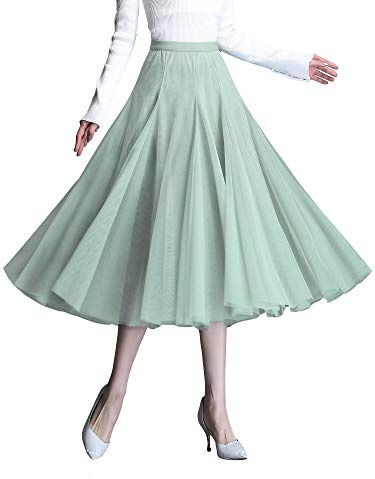 ANIMQUE Donna Tulle Midi Gonna Plissettata Elastico Alta Vita Elegante per Matrimoni Festa Lunghezza 78cm, Verde Pallido