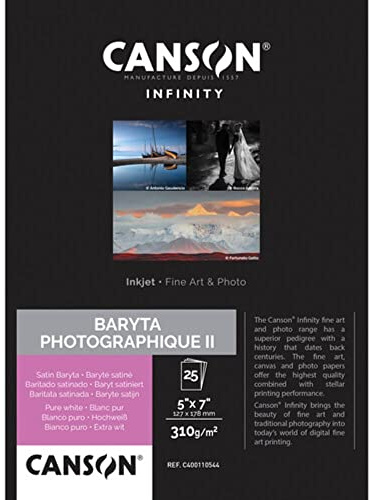 CANSON Infinity - Baryta Photographique II - Boîte de 25 feuilles de papier photo baryté 12,7x17,8cm satin - 310g/m² - Blanc pur