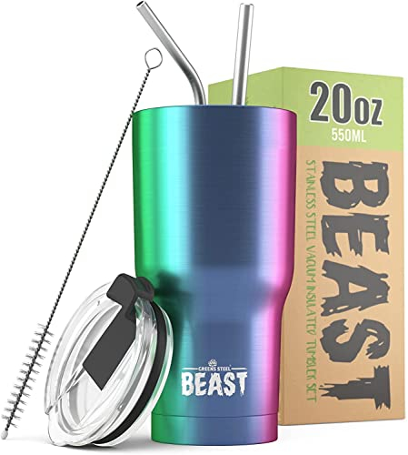 Greens Steel Beast Tumbler – 550 ml (20 oz), Regenbogen | Wiederverwendbarer Edelstahl, vakuumisolierter Becher | mit 2 Strohhalmen & Reinigungsbürste | Doppelwandiger Reise-Thermobecher