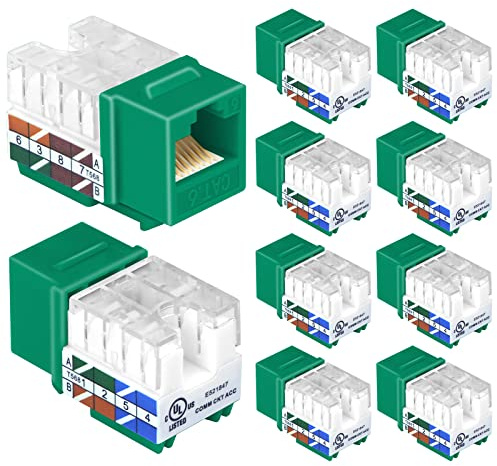 VCELINK RJ45 Cat6 Keystone Jacks Slim Profile UL-Listed 10-Pack, 90-Degree Ethernet Punch Down Keystone Jack Adapter in Green