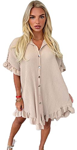 eyes Women’s Gold Button Pleated Short Sleeve Plain Collared Frill Hem Ladies Casual Loose Fit Oversized Baggy Plus Size Swing Summer Dresses for Women Sone One Size 8-22