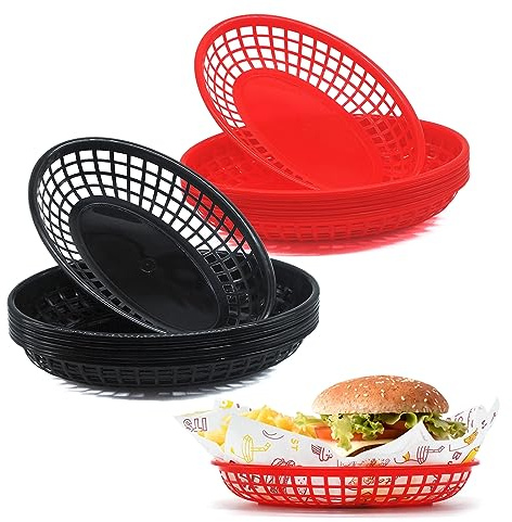 JJWNMLL 16pcs Food baskets,Red+Black Reusable Plastic Oval Fruit Baskets | Cinema Snack Tray,Fries,Sweets,Crisps,Party,Picnics,BBQ,Summer Garden Party Festival