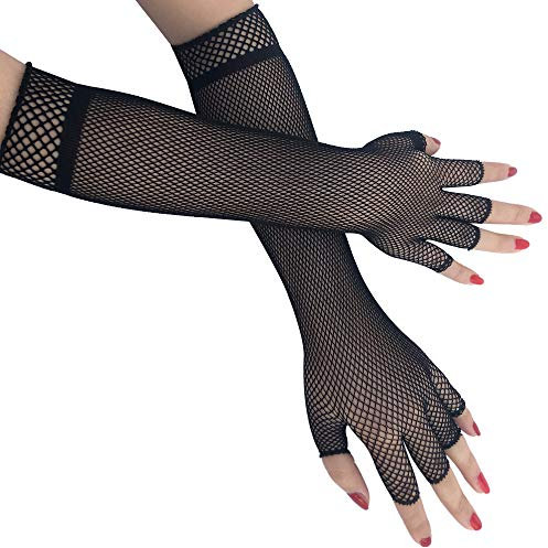 SYSUII Lange Netzhandschuhe für Damen,1 Paar Fingerlose Fischnetz Handschuhe Netz Mesh Abendhandschuhe für 80er Jahre Verkleidung Kostüm Party Lieferungen Halloween Cosplay Zubehör -Schwarz,30cm