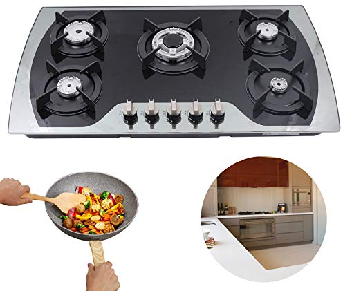 banborba Cocina de gas con 5 fuegos,hornillo de gas integrado para el hogar y propano de acero inoxidable,placa de gas para hogares o restaurantes,fuego potente,encendedor de batería,Negro,90*51cm