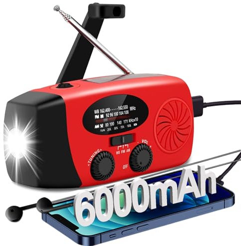 Radio météo d'urgence 6000 mAh/22200 mWh, radio AM/FM/NOAA à manivelle solaire, chargeur de téléphone d'urgence, lampe de poche 4 modes, alarme SOS, prise casque, pour urgence