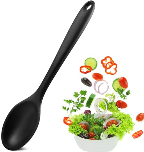 WKRTDY Cucchiaio Antiaderente Resistente al Calore, 1pcs Cucchiaio da Cucina in Silicone Antiaderente Nero, Ideale per Mescolare e Agitare, Cucchiaio Utensile Grande per Strumenti di Miscelazione