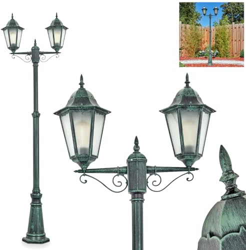Außenwegeleuchte Hongkong, Wegeleuchte aus Metall/Glas in Schwarz-Grün/Milchglas Kandelaber in antikem Look, Höhe max. 245 cm, Gartenbeleuchtung IP44, 2 x E27, ohne Leuchtmittel