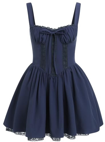 ABEWIP Corset Dresses for Women Spaghetti Straps Short Mini Floral Lace Bustier Dress Summer Boho Sundress Navy Blue L