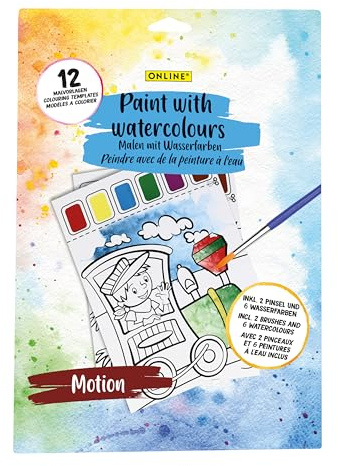 Online Malblock mit Wassermalfarben für Kinder ab 3 4 5 6 7 Jahren, Aquarell-Malpapier mit Farben und Pinseln, 12 verschiedene Designs Fahrzeuge, Wasserfarben Malbuch, Jungen I Mädchen
