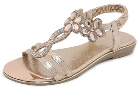 FLtoxu Damen Sommer Elegant Flach Sandalen, Bequem Sommer Schuhe mit Strass S131 (Champagne, 40)
