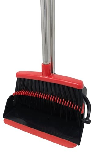 BH | Broom and Dustpan Set Long Handled | Brush with Comb Teeth | Upright Sweeping | Combo for Home Kitchen Room Office Lobby Floor (Black and Red) - By BEST HOUSE