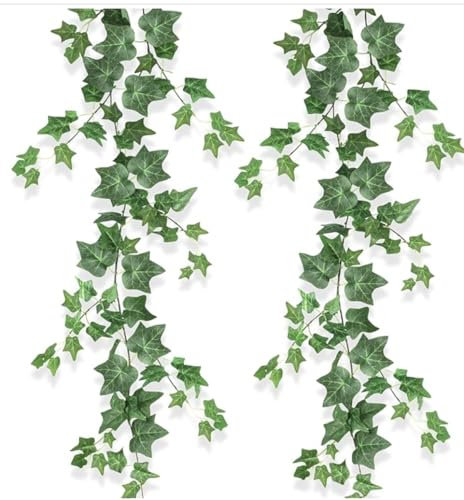 ChAusa 2 Pcs Artificial Ivy Garland 6.5 FT Fake Ivy Garland Decorations Odorless Silk Hanging Fake Vines UV Resistant Green Leaves Fake Plants for Indoor Outdoors Wedding Arch Wall Decor(Green)