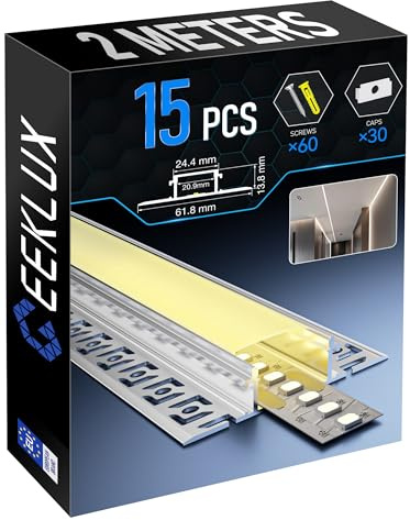GEEKLUX LED-kakelprofil, 2 m, 15-pack och LED-remsa, infälld LED-skena av anodiserad aluminium, LED-kanal för upp till 20 mm remsor, diffusor för jämn ljusfördelning