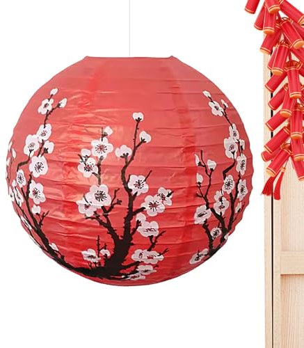 Lanterne ronde rétro en papier avec motif de prunier - 30 cm - Décoration de festival de printemps - Lanterne en papier pour balcon, porte d'entrée et espaces intérieurs