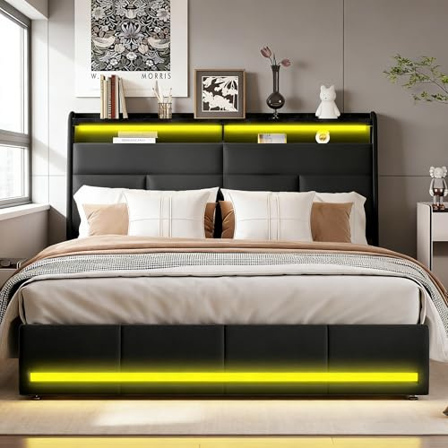 BRILVERDE Letto imbottito 160x200 cm con Contenitore idraulico, letto matrimoniale a LED, Funzionale con testiera contenitore, Struttura letto con rete a doghe, PU (Nero, 160 x 200 cm)